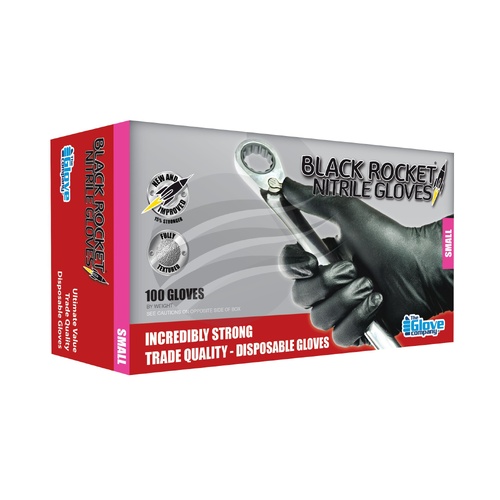 Glove Pkt 100 Black Rocket Nitrile Gloves Size Small