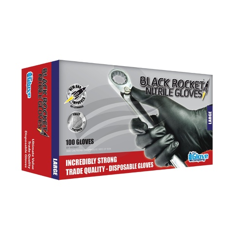 Glove Pkt 100 Black Rocket Nitrile Gloves Size Large