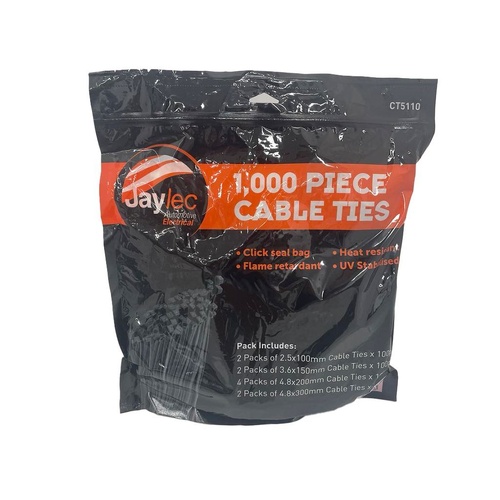 Jaylec PKT1,000 Cable Tie Assortment Black Cable Ties UV Heat & Flame Retardant