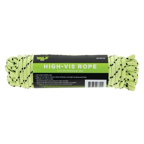 HULK 4X4 GLOW IN THE DARK ROPE (FLURO YELLOW) 6MM X 15M