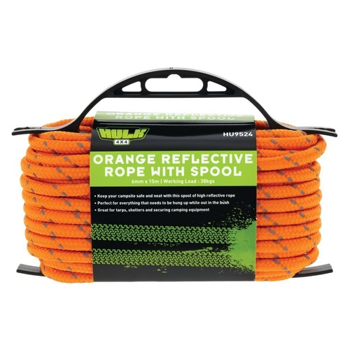 HULK 4X4 REFLECTIVE ROPE WITH SPOOL (ORANGE) 6MM X 15M