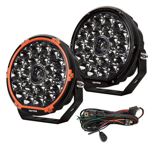 Ignite 9 Inch Round Laser LED Driving Light Kit - Black & Orange Bezels
