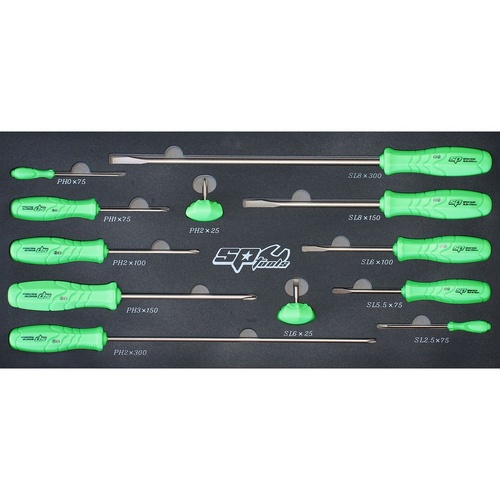 SP Tools Screwdriver Set 12Pc Pp Green Grip Phillips And Slotted